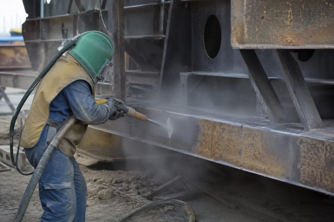 Operator abrasive blasting structural steel
