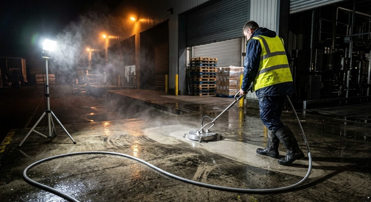 Night shift pressure cleaning of a warehouse loading dock